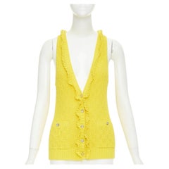 CHANEL 2025 marigold yellow openwork ruffle trim cotton knit vest cardigan FR34