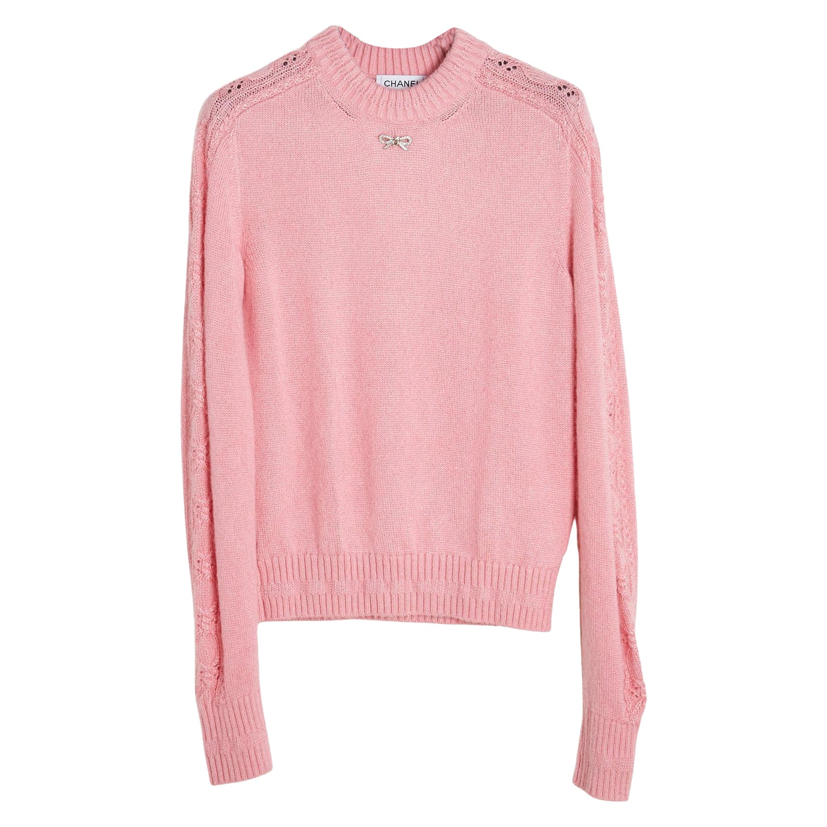 Chanel 2025 Pull Torsades et Bijou FR38 Pink Wool Round Neck Sweater UK10 US8