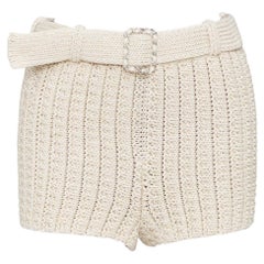CHANEL 2025 Runway beige chain buckle belted textured ribbed knit shorts FR34 XS