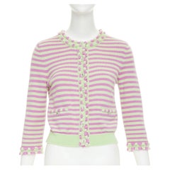 CHANEL 2025 Runway cashmere striped fringe trim swallow crystal button cardigan