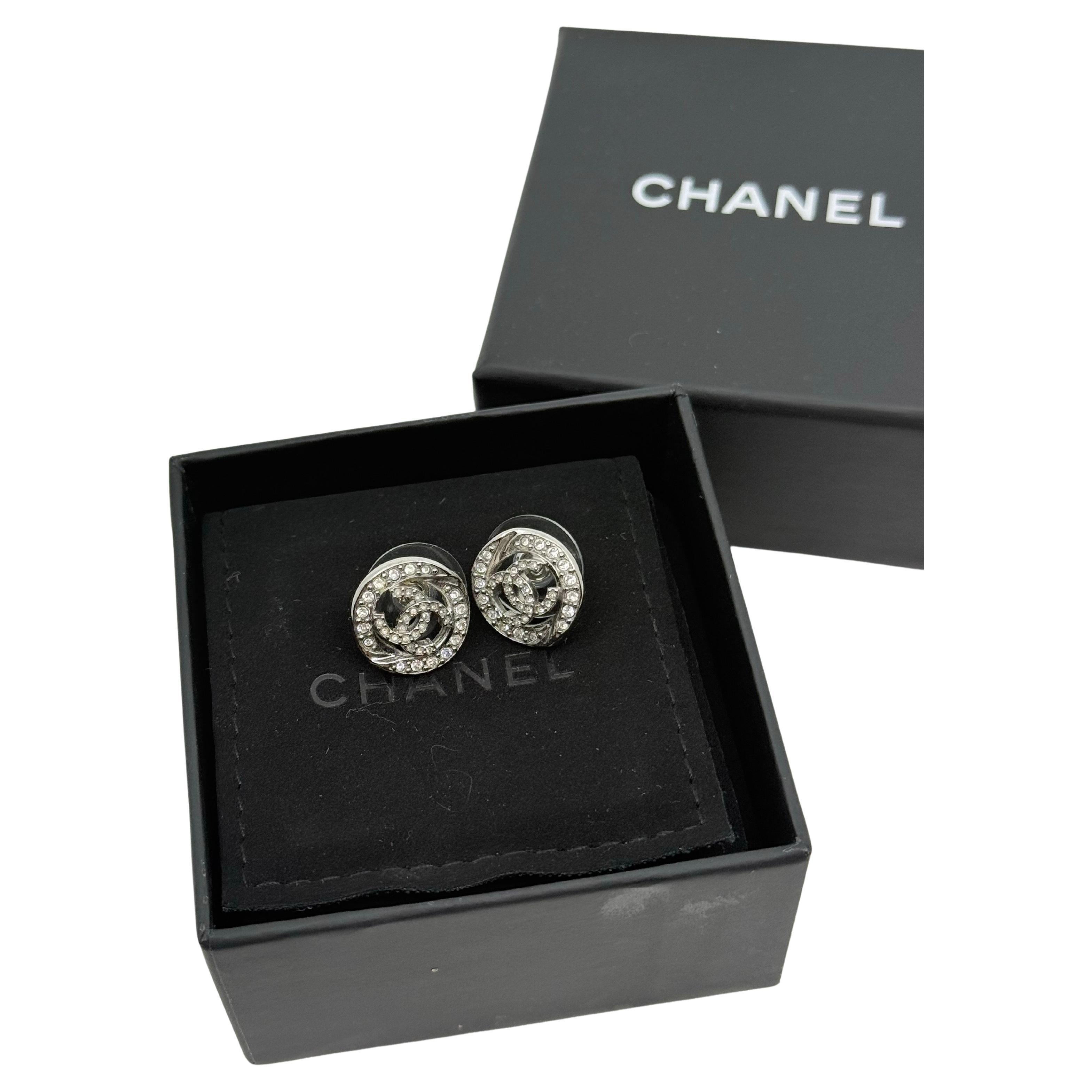 Chanel 2025 Silver Crystal CC Circle Stud Earrings For Sale