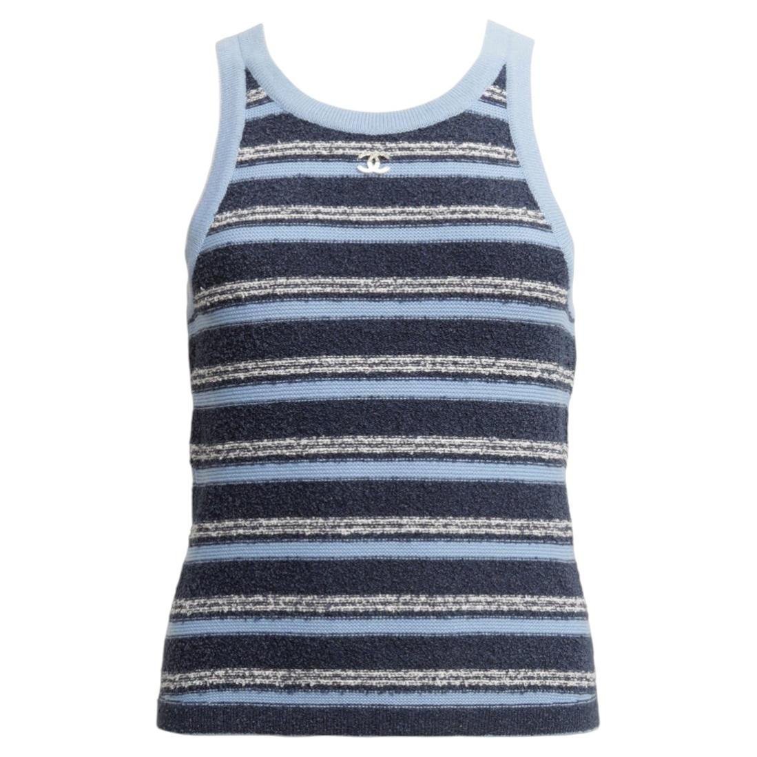 Canotta a righe Chanel 2025 in cotone e cashmere blu e bianco