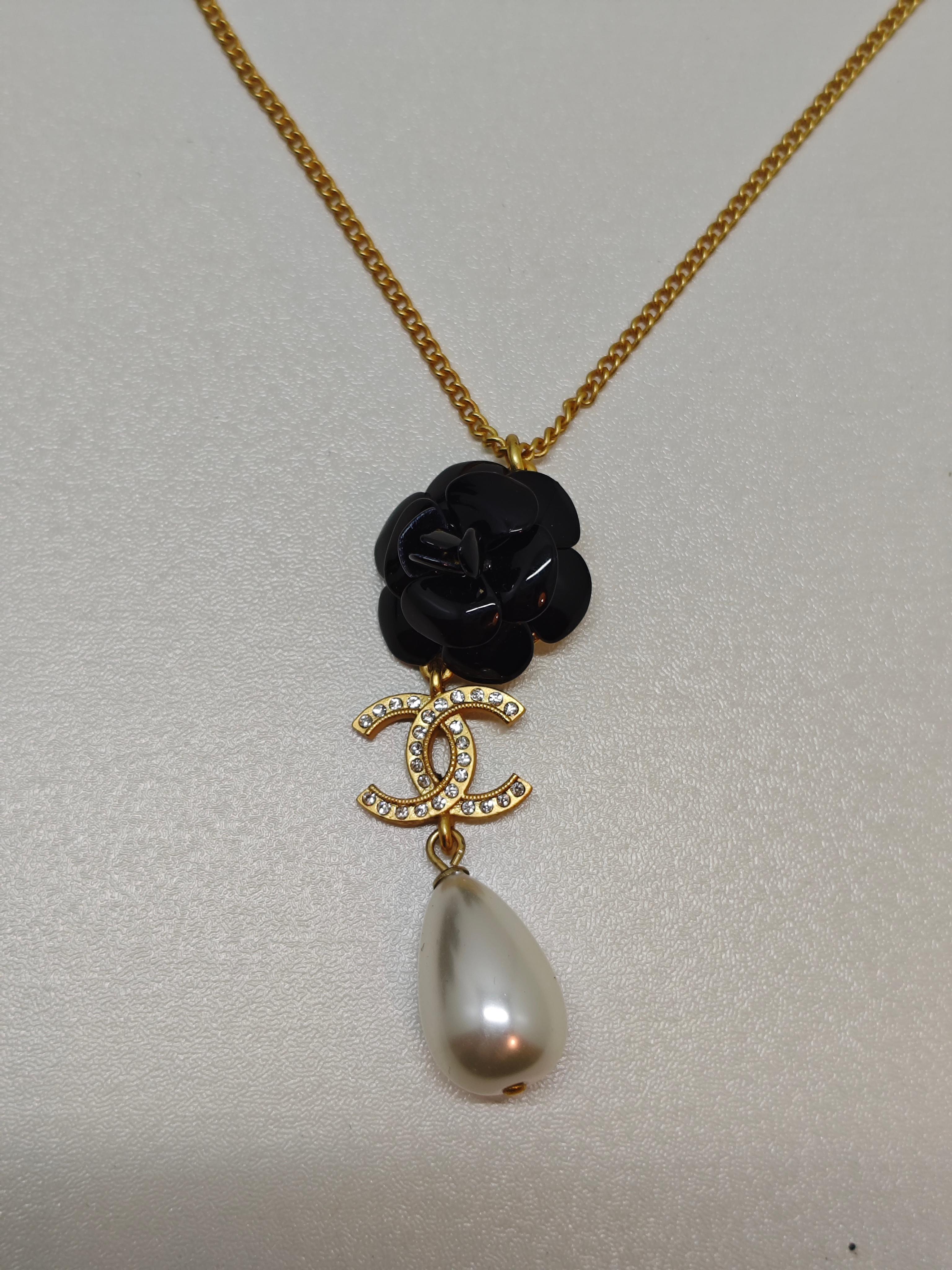 Women's Chanel 20A Drop Pearl Black Camellia Flower Necklace