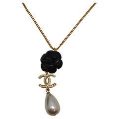 Chanel 20A Drop Pearl Black Camellia Flower Necklace
