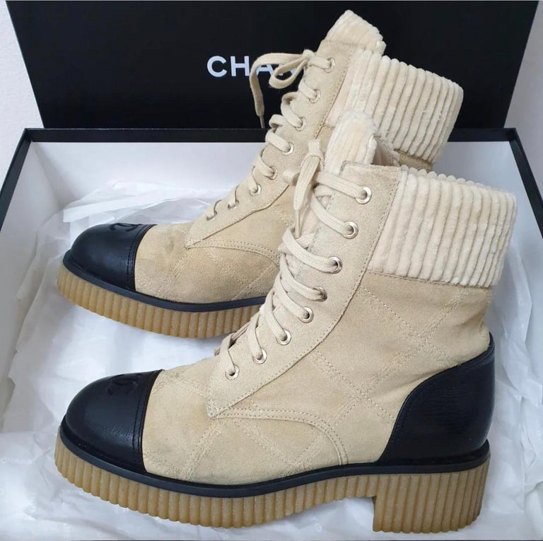 CHANEL Quilted Leather Chain CC Combat Boots 37.5 US 7.5 at 1stDibs