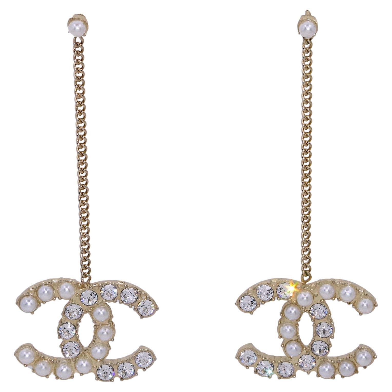 Chanel 20B CC Crystal and Pearl Drop Earrings 66713