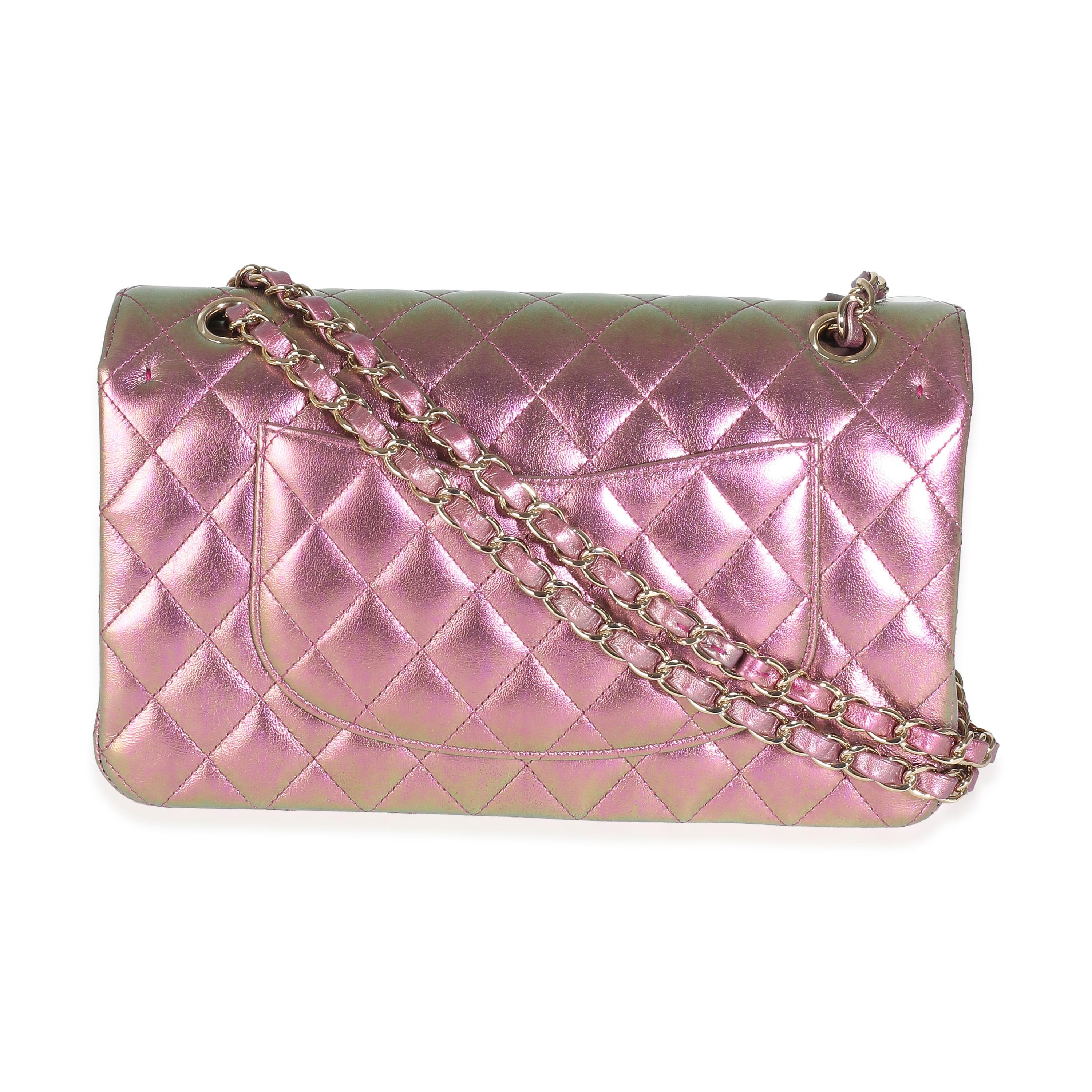 Listing Title: Chanel 20B Purple Quilted Iridescent Lambskin Medium Classic Double Flap Bag
SKU: 142951
Condition: Pre-owned 
Condition Description: A timeless classic that never goes out of style, the flap bag from Chanel dates back to 1955 and has