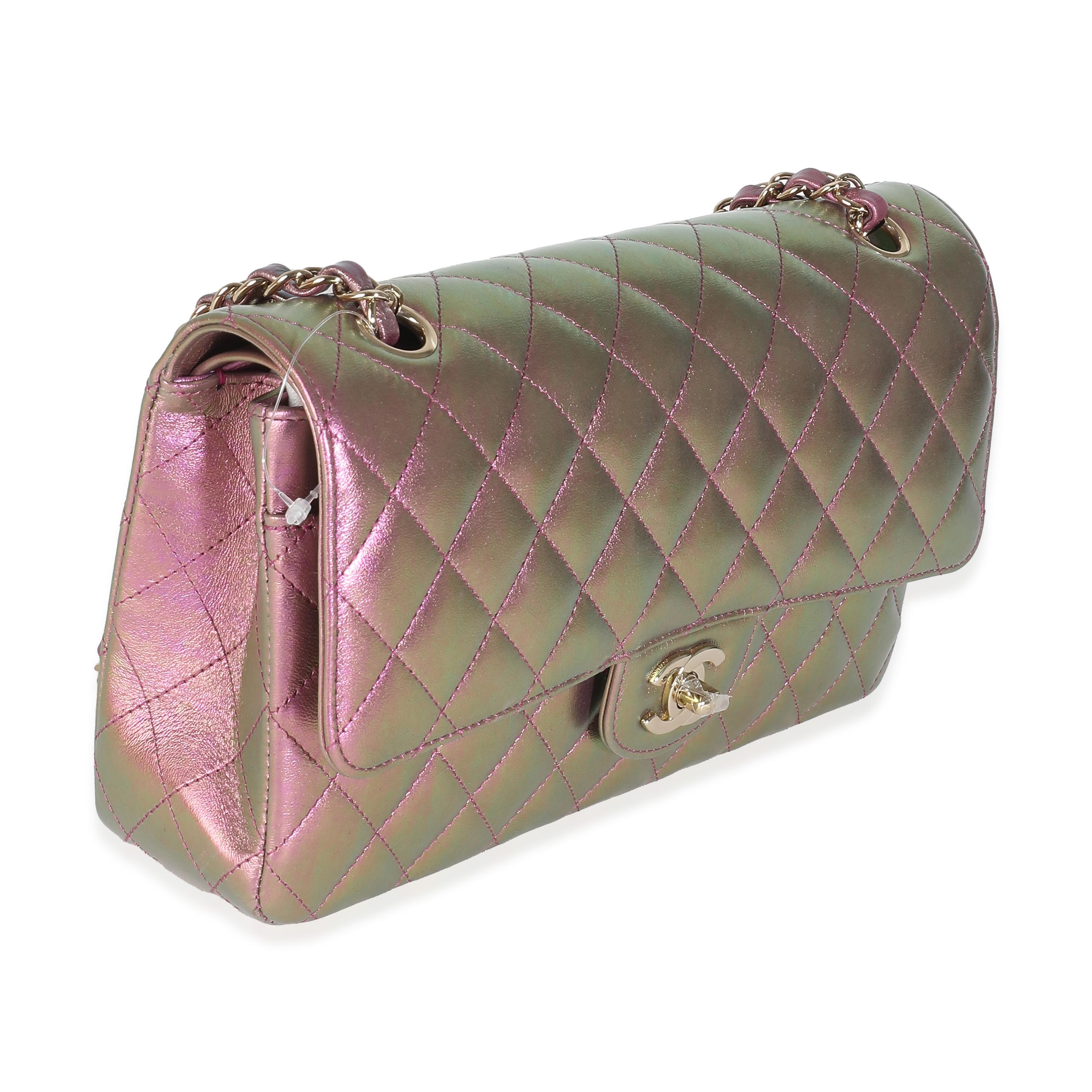Brown Chanel 20B Purple Quilted Iridescent Lambskin Medium Classic Double Flap Bag For Sale