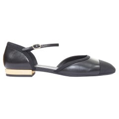 CHANEL 20C black leather grosgrain cap toe gold CC heel mary jane flats EU40