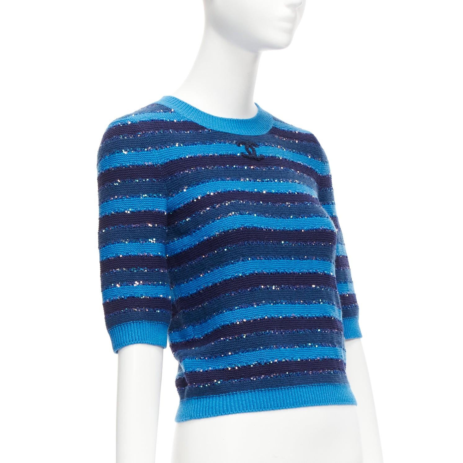 CHANEL 20C blue sequins cashmere blend CC logo striped crop sweater FR36 XS In Excellent Condition For Sale In Hong Kong, NT