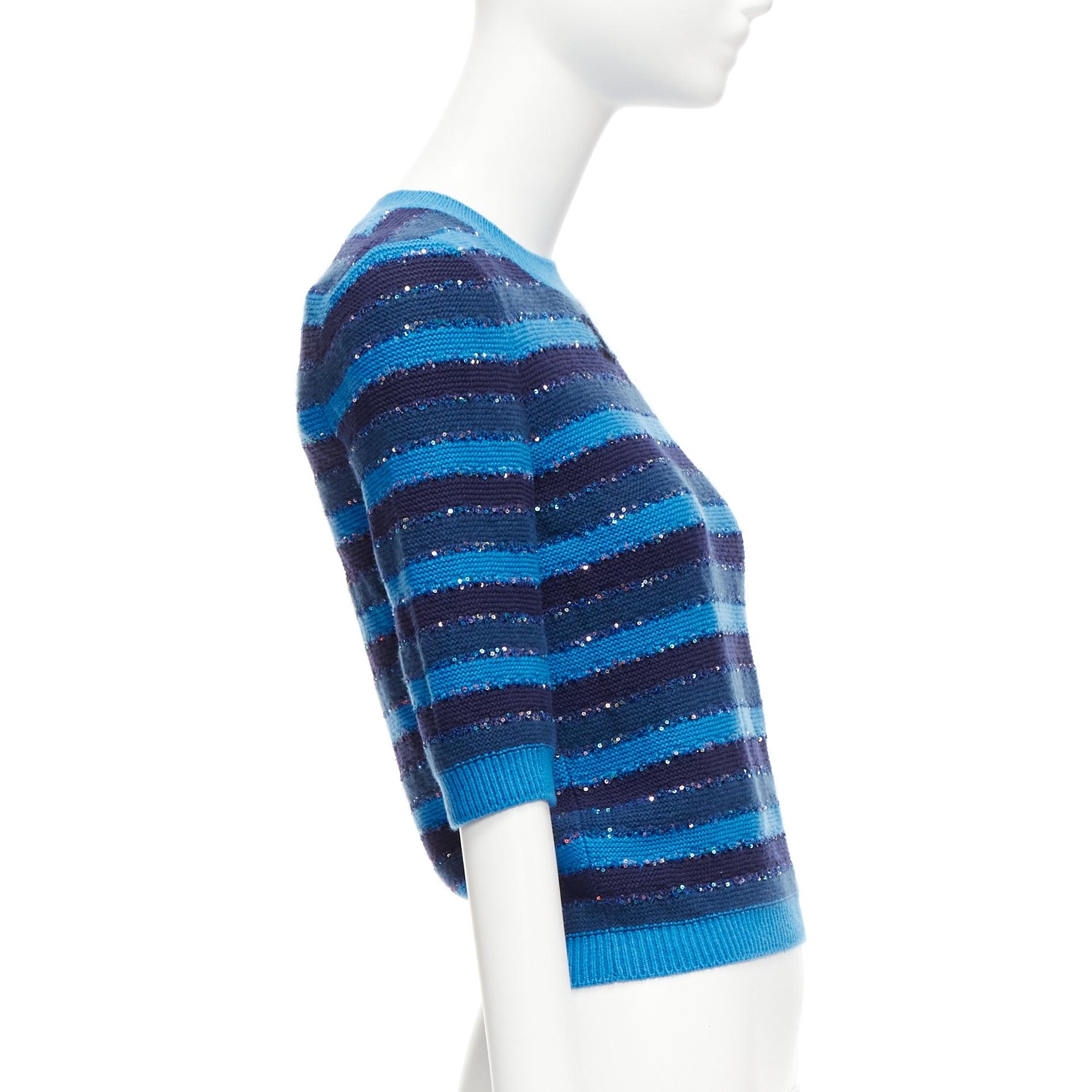 Women's CHANEL 20C blue sequins cashmere blend CC logo striped crop sweater FR36 XS For Sale