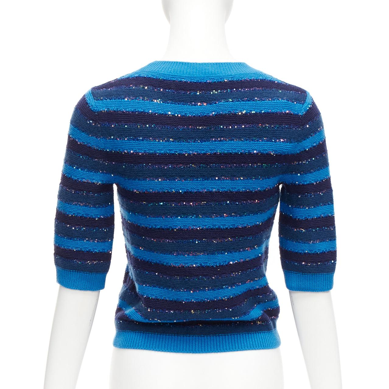 Women's CHANEL 20C blue sequins cashmere blend CC logo striped crop sweater FR36 XS