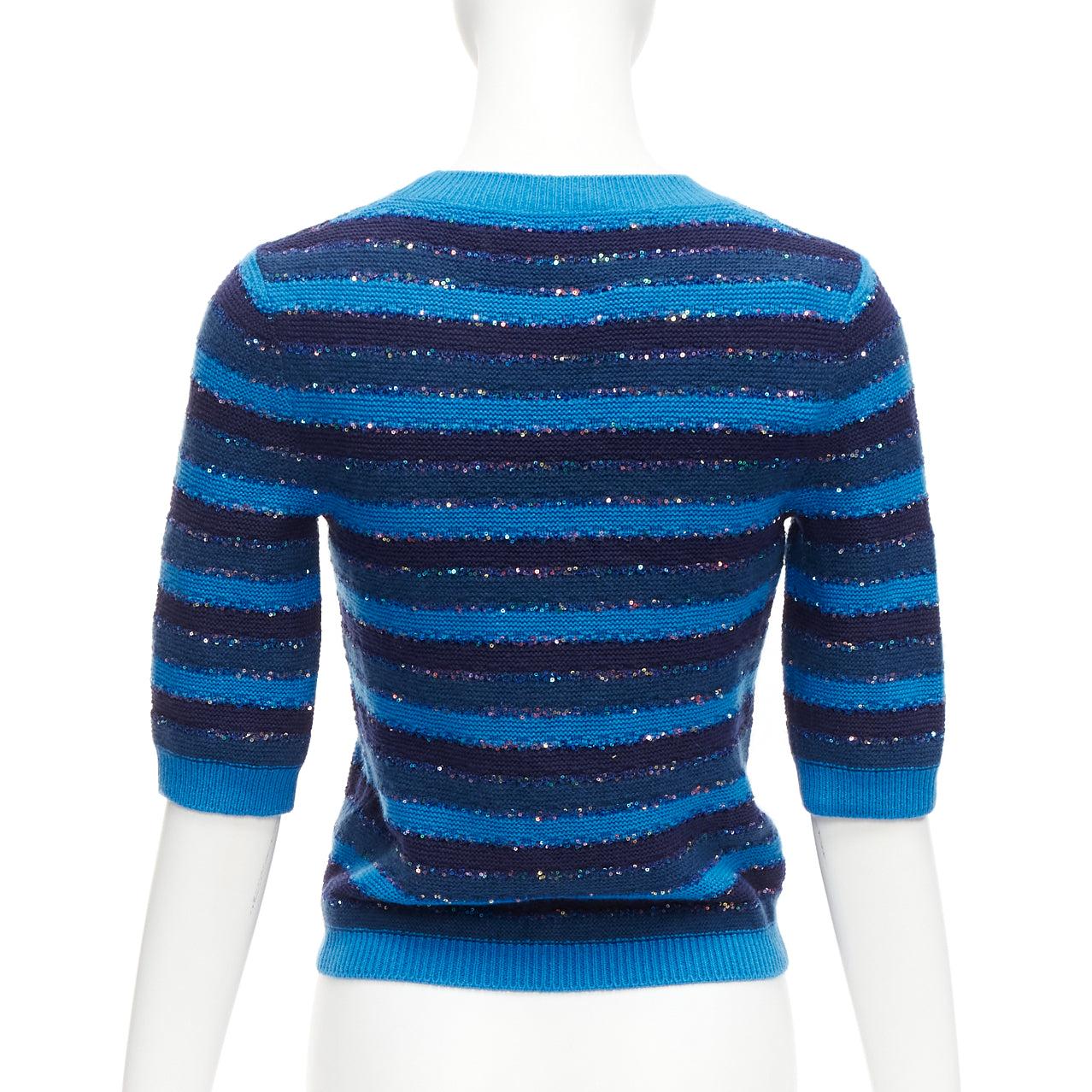 CHANEL 20C blue sequins cashmere blend CC logo striped crop sweater FR36 XS For Sale 1