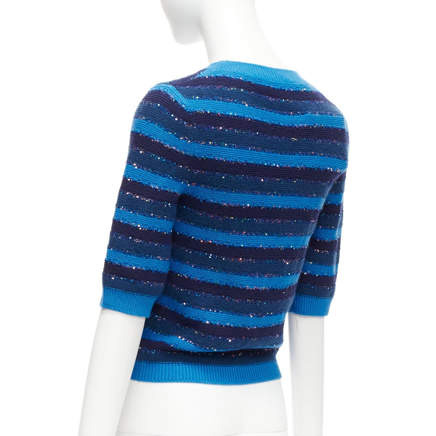 CHANEL 20C blue sequins cashmere blend CC logo striped crop sweater FR36 XS For Sale 2