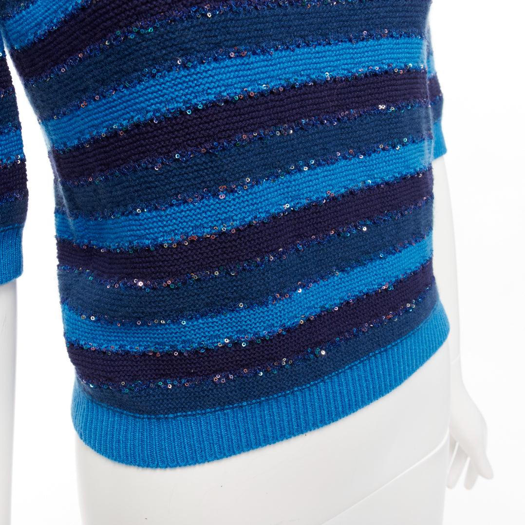 CHANEL 20C blue sequins cashmere blend CC logo striped crop sweater FR36 XS 2