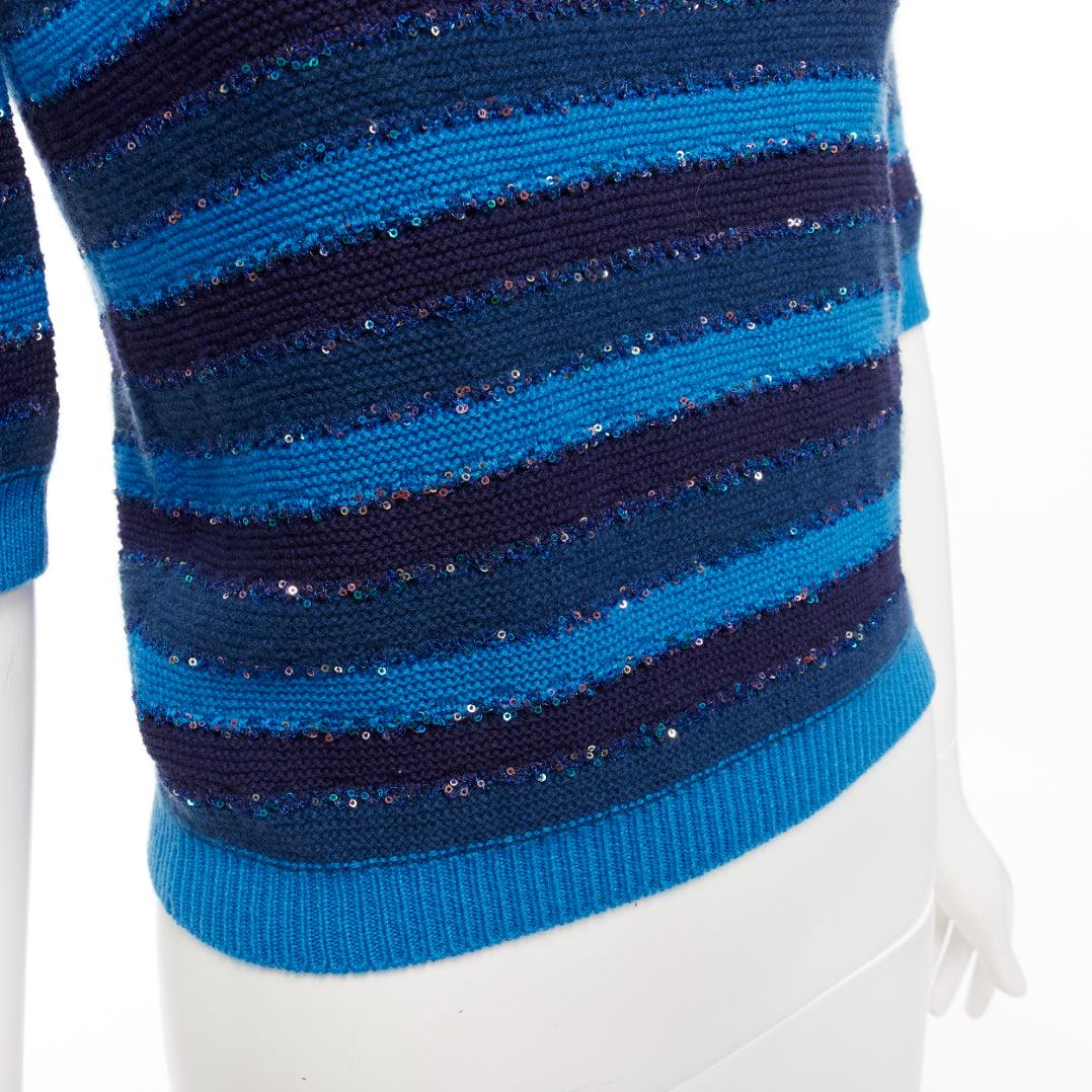 CHANEL 20C blue sequins cashmere blend CC logo striped crop sweater FR36 XS For Sale 3