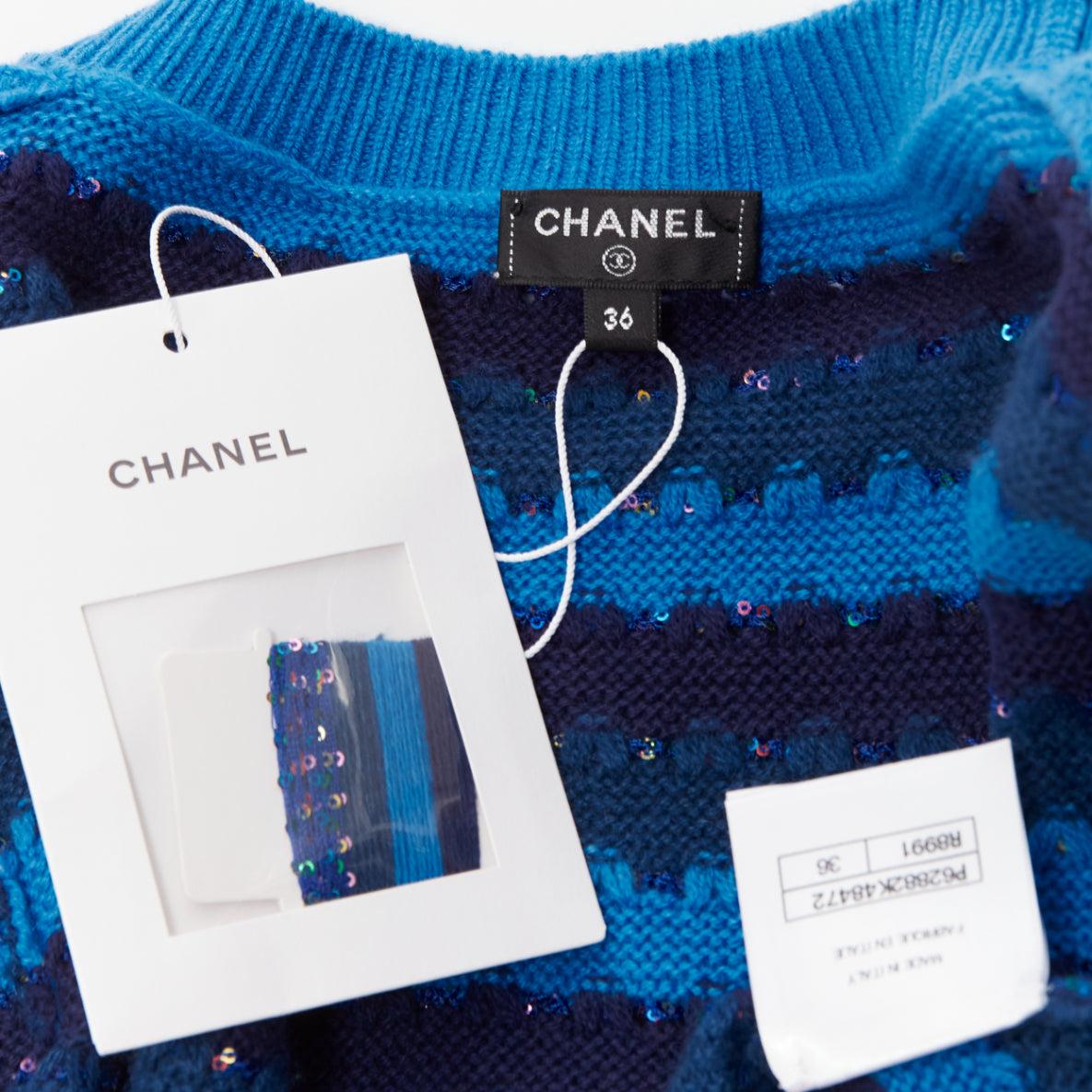 CHANEL 20C blue sequins cashmere blend CC logo striped crop sweater FR36 XS 3