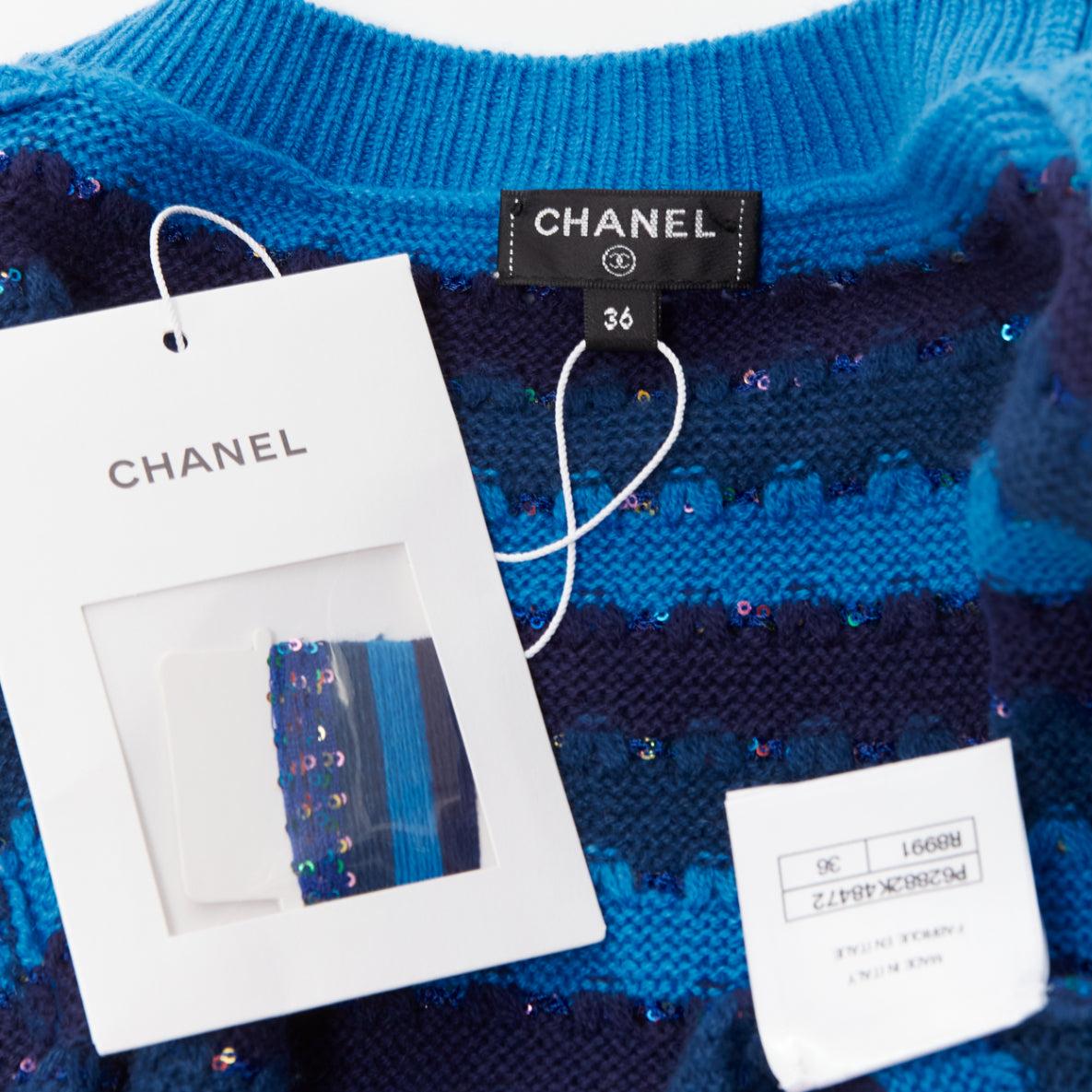 CHANEL 20C blue sequins cashmere blend CC logo striped crop sweater FR36 XS For Sale 4