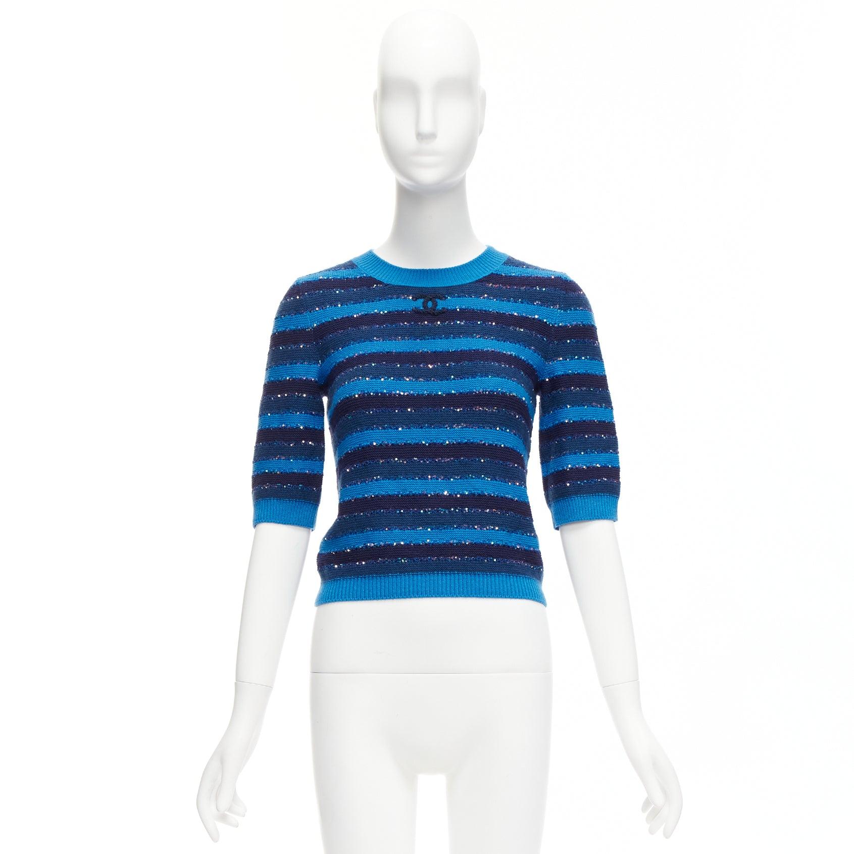 CHANEL 20C blue sequins cashmere blend CC logo striped crop sweater FR36 XS For Sale 5