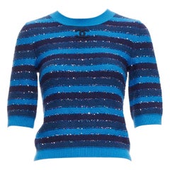 CHANEL 20C blue sequins cashmere blend CC logo striped crop sweater FR36 XS