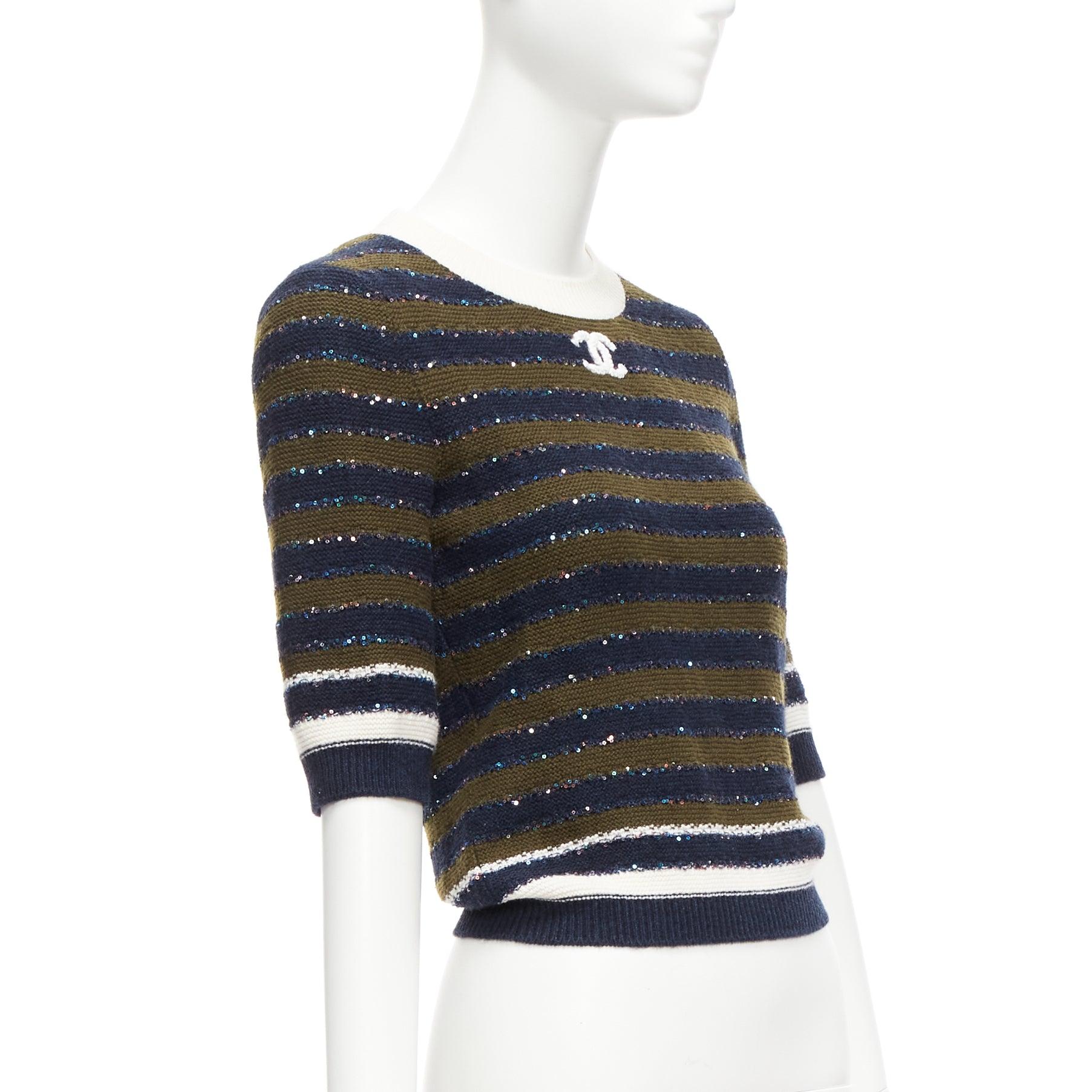 CHANEL 20C navy khaki sequin cashmere blend CC logo stripe crop sweater FR34 XXS In Excellent Condition For Sale In Hong Kong, NT