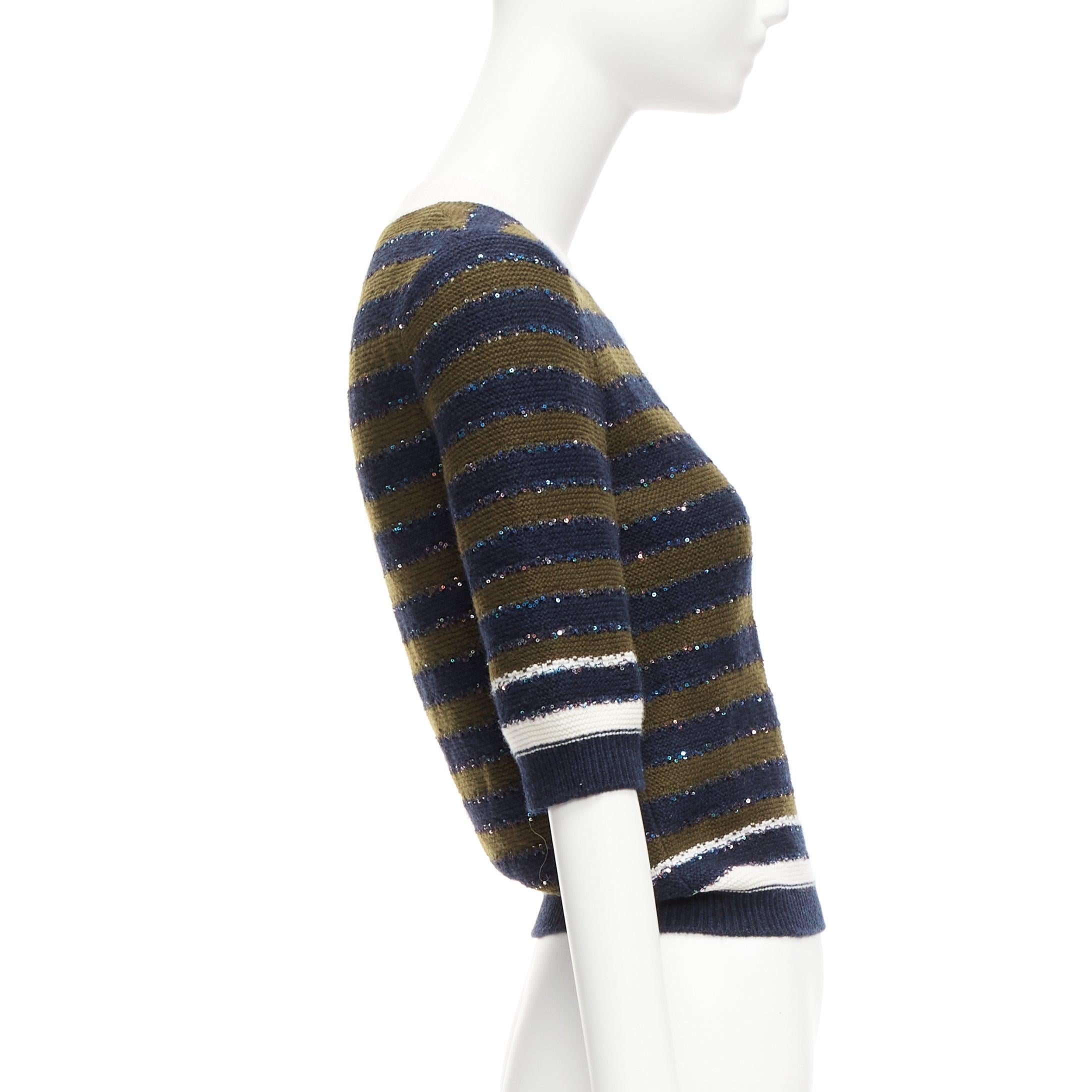 CHANEL 20C navy khaki sequin cashmere blend CC logo stripe crop sweater FR34 XXS In Excellent Condition For Sale In Hong Kong, NT