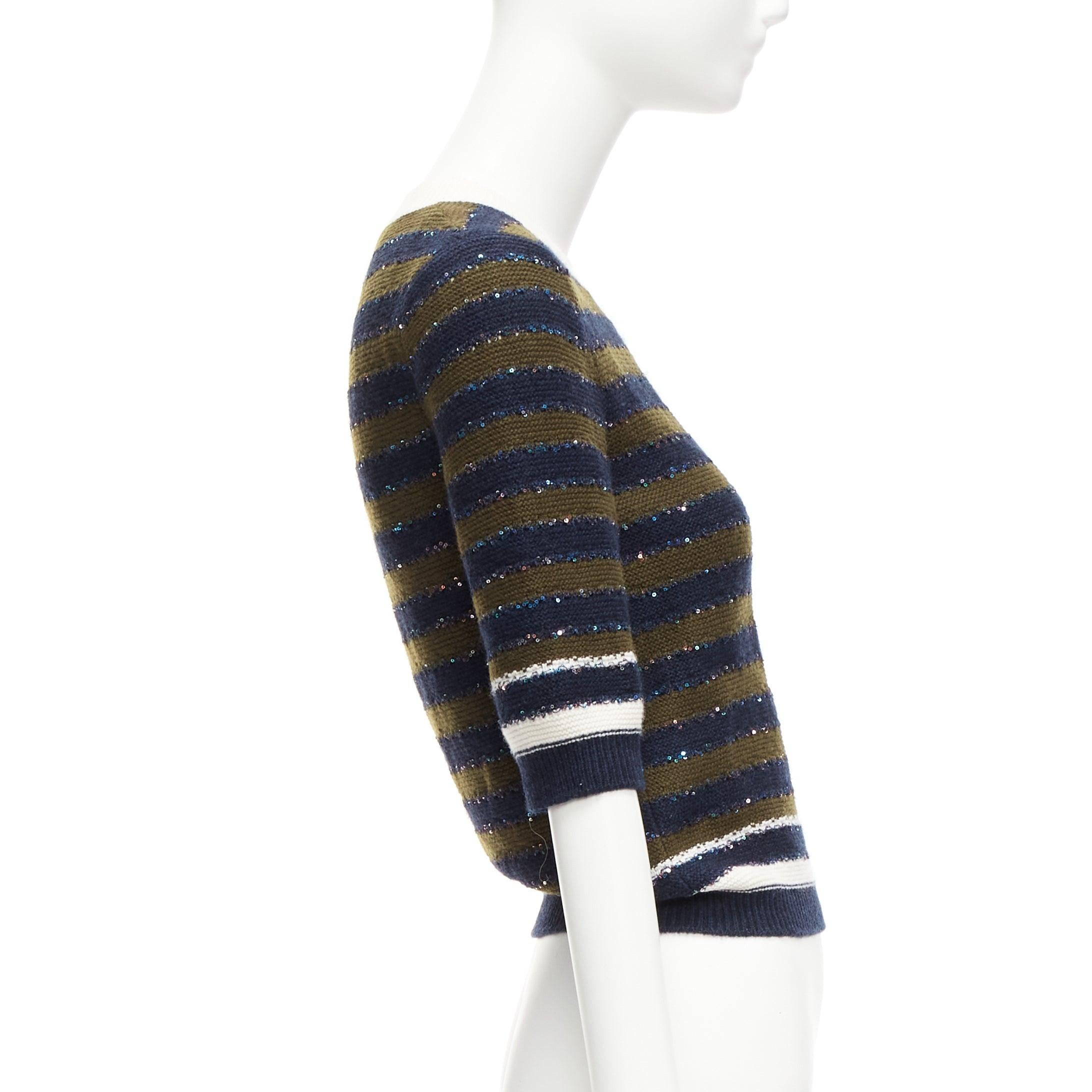 Women's CHANEL 20C navy khaki sequin cashmere blend CC logo stripe crop sweater FR34 XXS For Sale