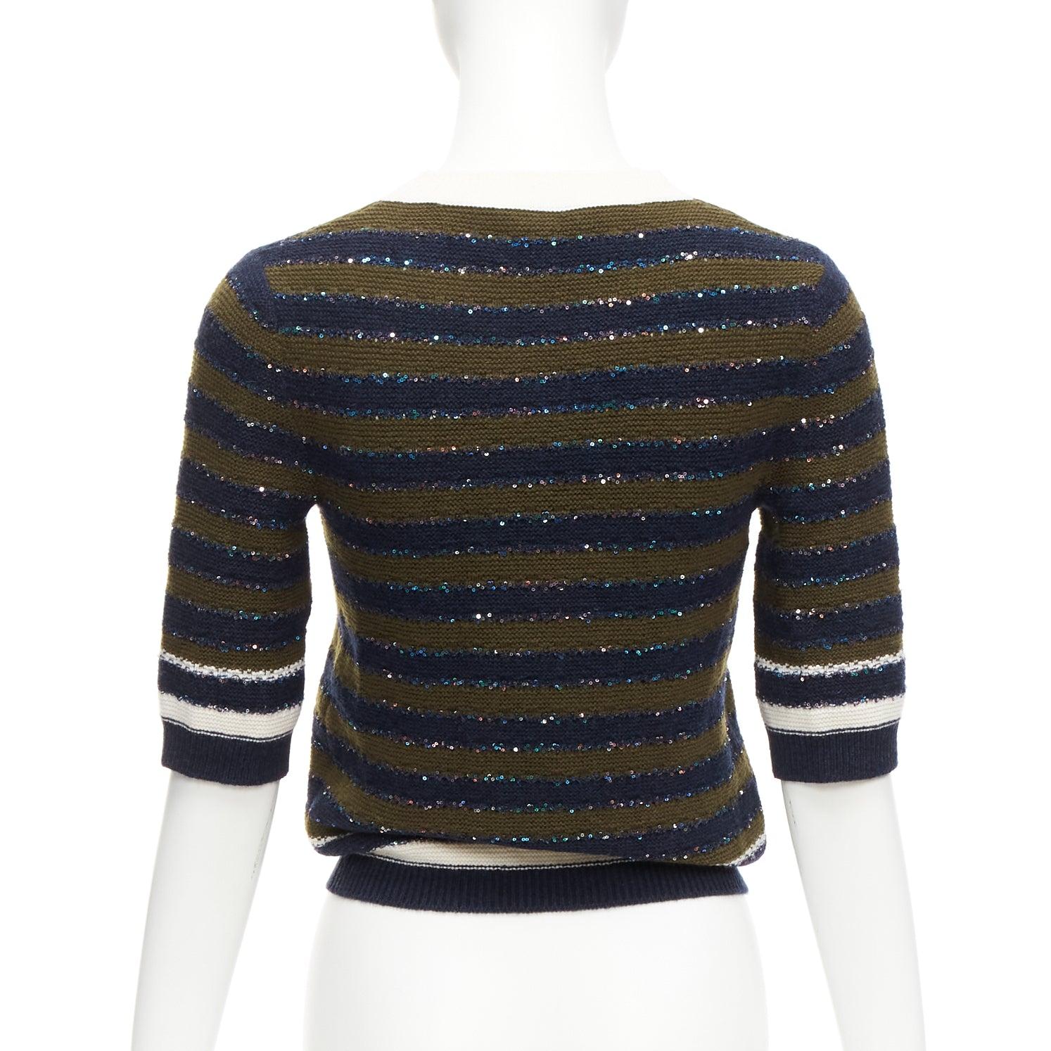 Women's CHANEL 20C navy khaki sequin cashmere blend CC logo stripe crop sweater FR34 XXS For Sale