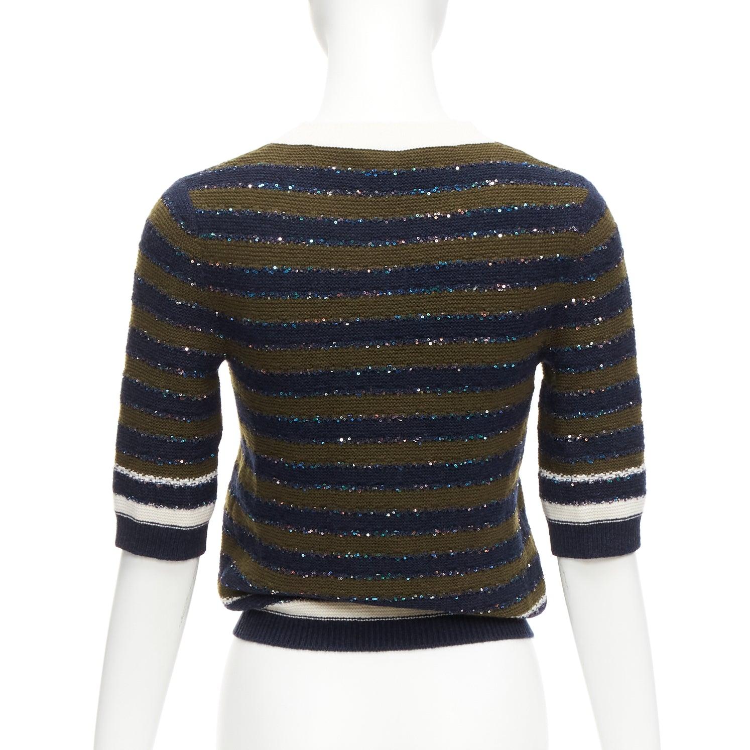CHANEL 20C navy khaki sequin cashmere blend CC logo stripe crop sweater FR34 XXS For Sale 1