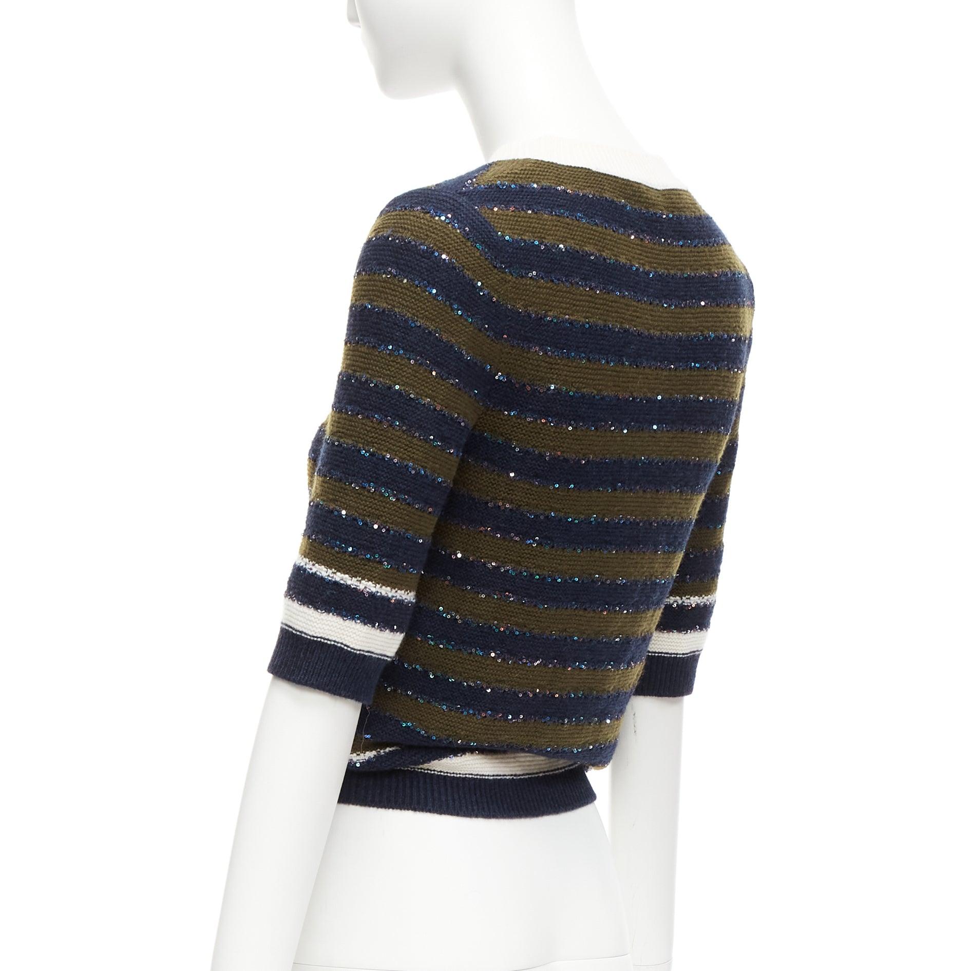 CHANEL 20C navy khaki sequin cashmere blend CC logo stripe crop sweater FR34 XXS For Sale 1