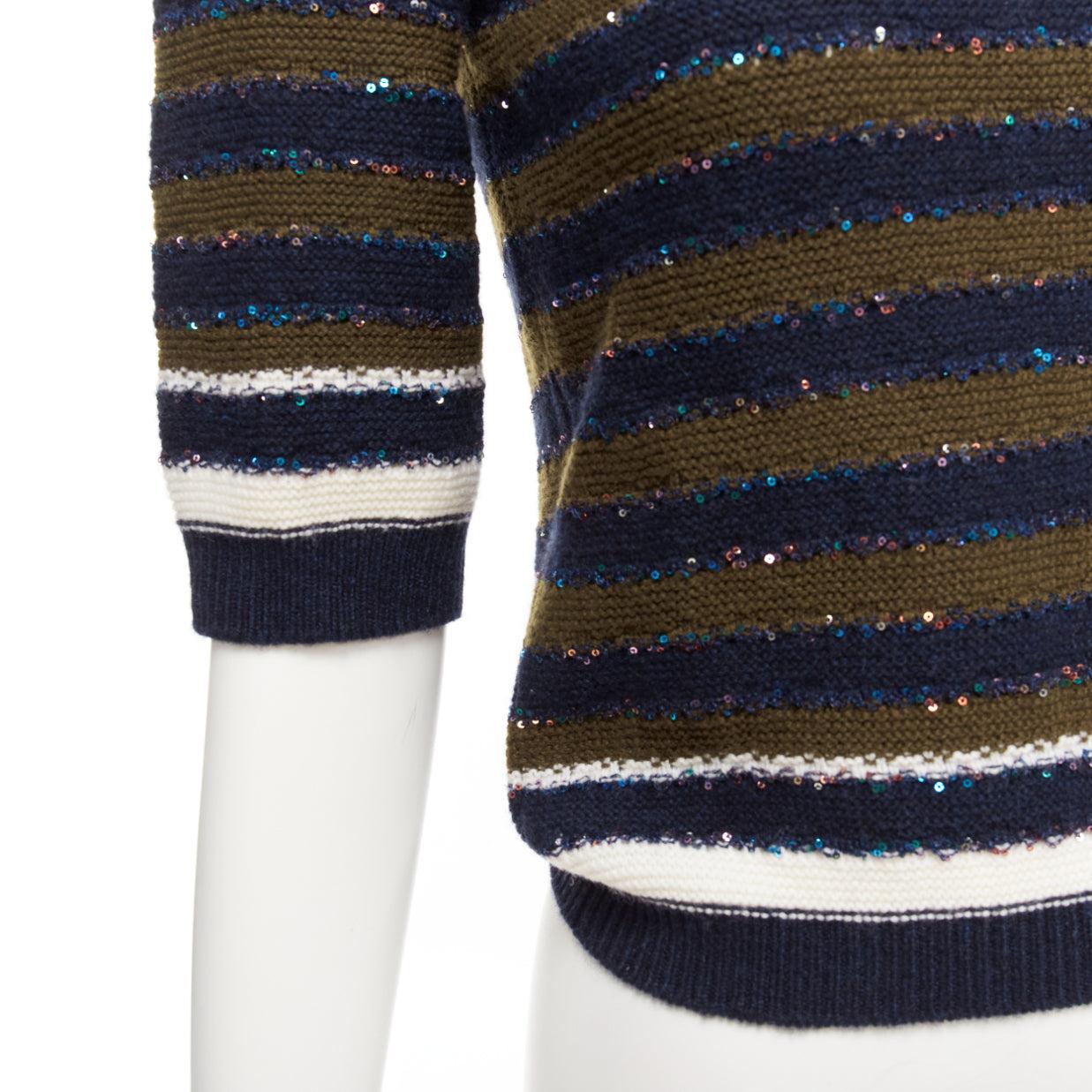 CHANEL 20C navy khaki sequin cashmere blend CC logo stripe crop sweater FR34 XXS For Sale 2