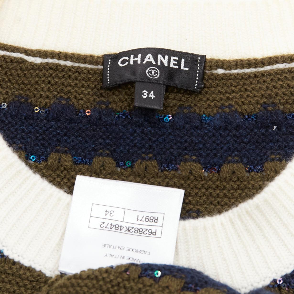 CHANEL 20C navy khaki sequin cashmere blend CC logo stripe crop sweater FR34 XXS For Sale 3