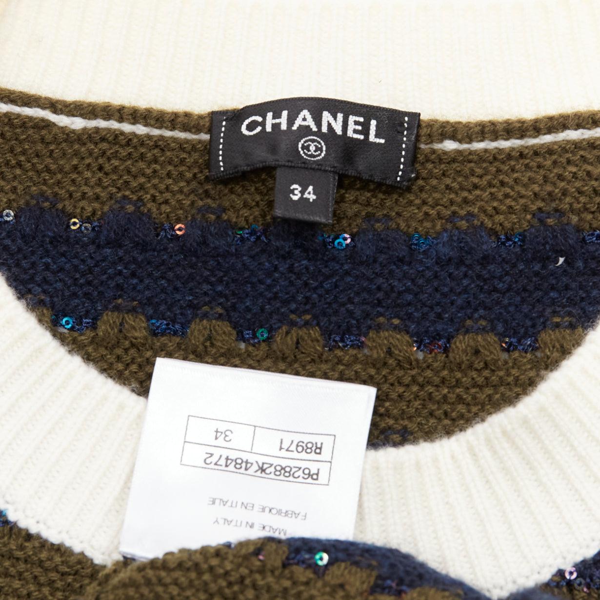 CHANEL 20C navy khaki sequin cashmere blend CC logo stripe crop sweater FR34 XXS For Sale 4