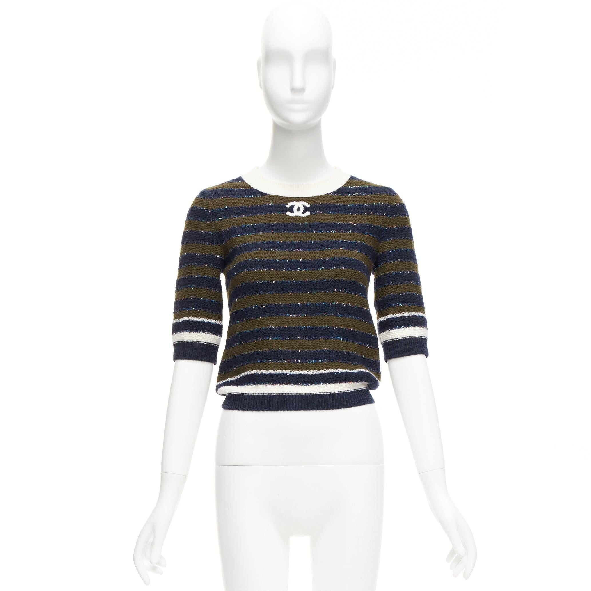 CHANEL 20C navy khaki sequin cashmere blend CC logo stripe crop sweater FR34 XXS For Sale 4