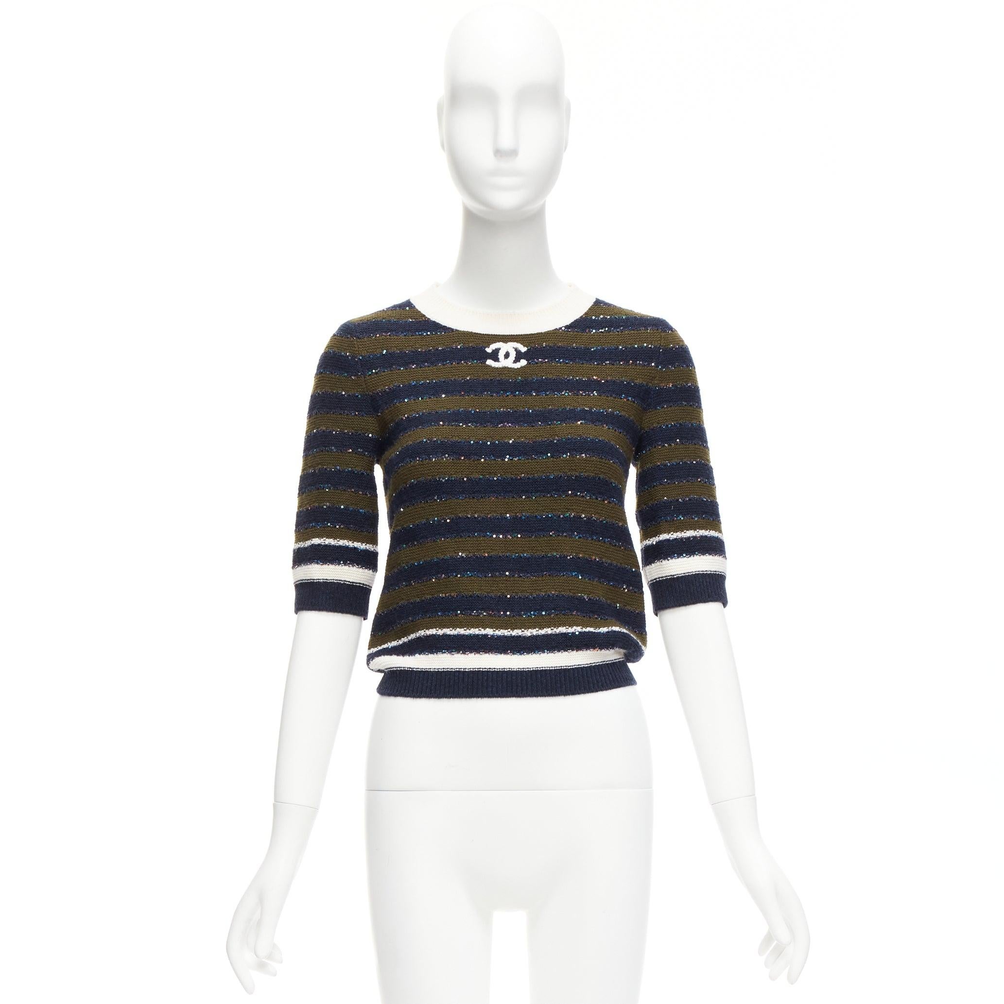 CHANEL 20C navy khaki sequin cashmere blend CC logo stripe crop sweater FR34 XXS For Sale 5