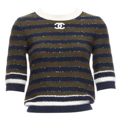 CHANEL 20C navy khaki sequin cashmere blend CC logo stripe crop sweater FR34 XXS