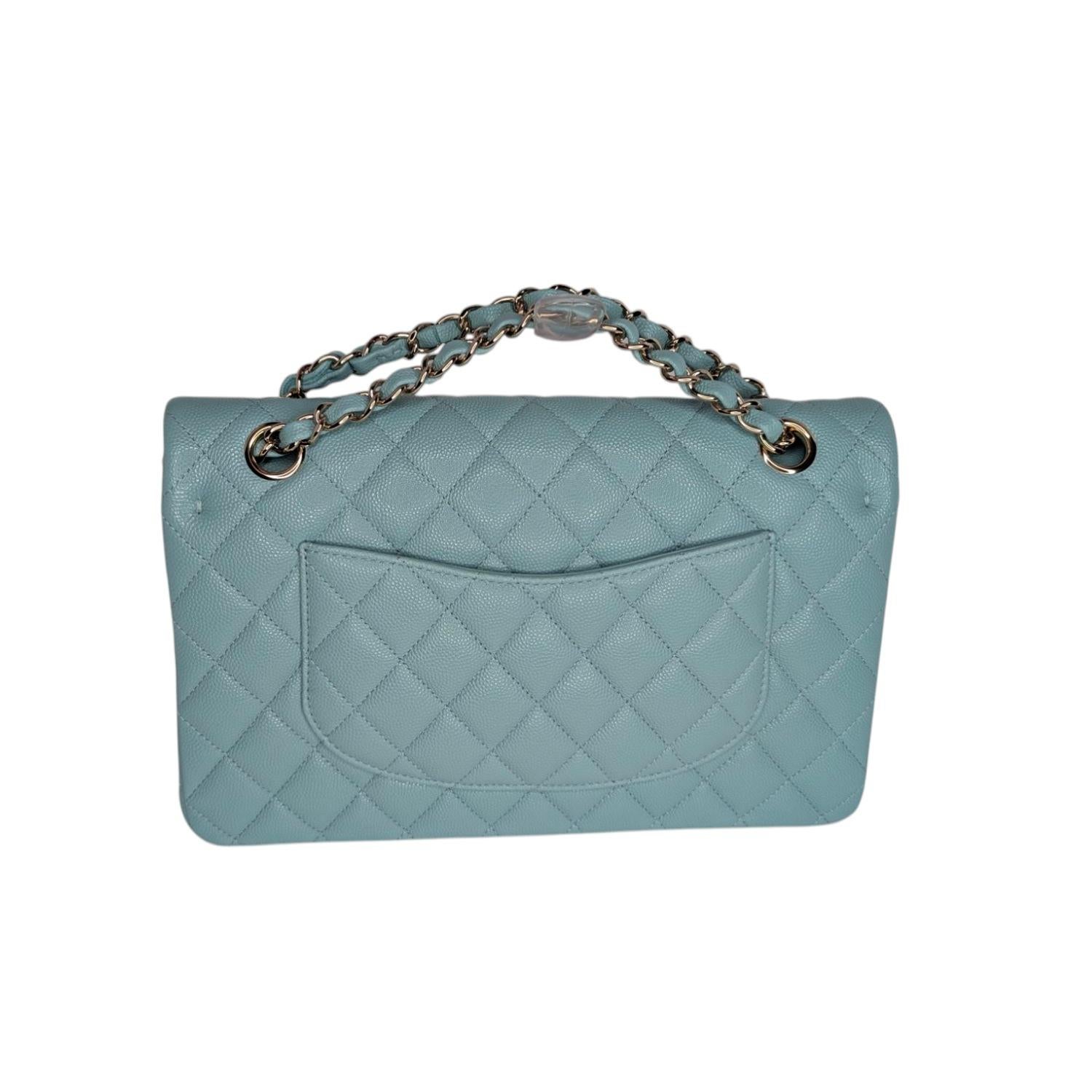 Gray Chanel 20C Tiffany Blue Caviar Quilted Classic Flap Double Medium