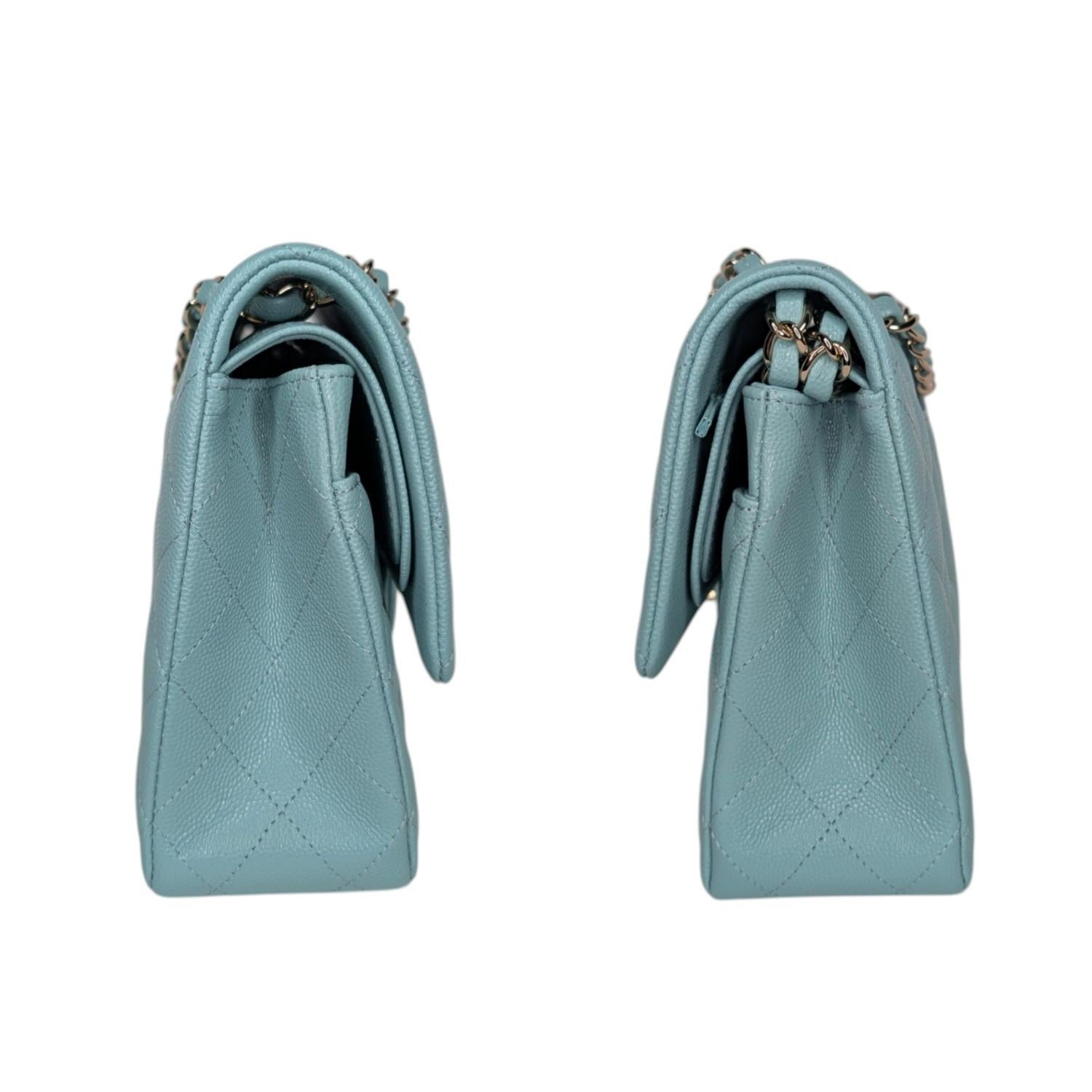 Chanel 20C Tiffany Blue Caviar Quilted Classic Flap Double Medium In Excellent Condition In Scottsdale, AZ