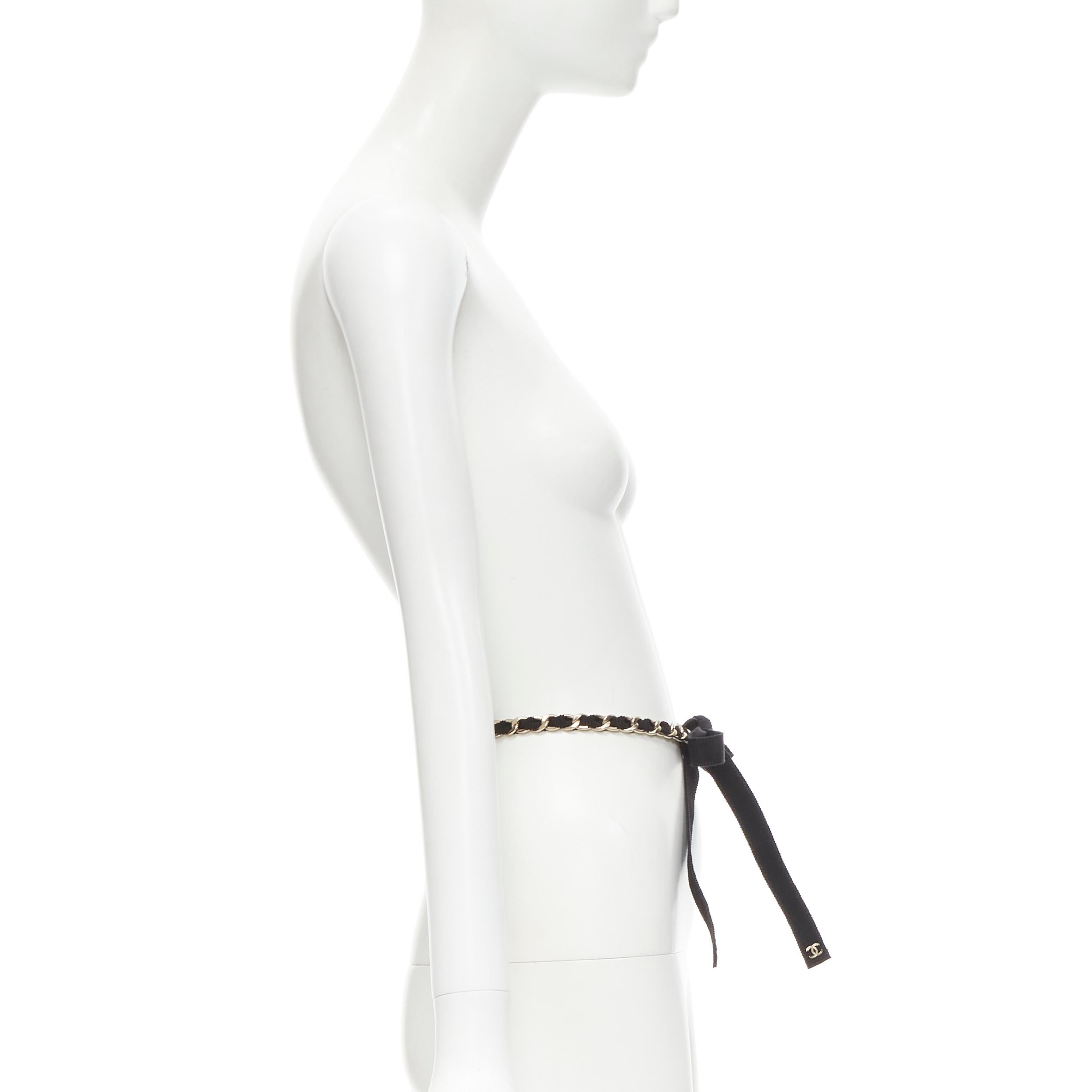 Women's CHANEL 20C Virginie Viard black grosgrain ribbon woven silver chain CC logo belt