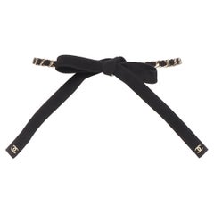 CHANEL 20C Virginie Viard black grosgrain ribbon woven silver chain CC logo belt