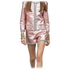CHANEL 20S Metallic Pink Leather Silver Embroidered Jacket Shorts Suit
