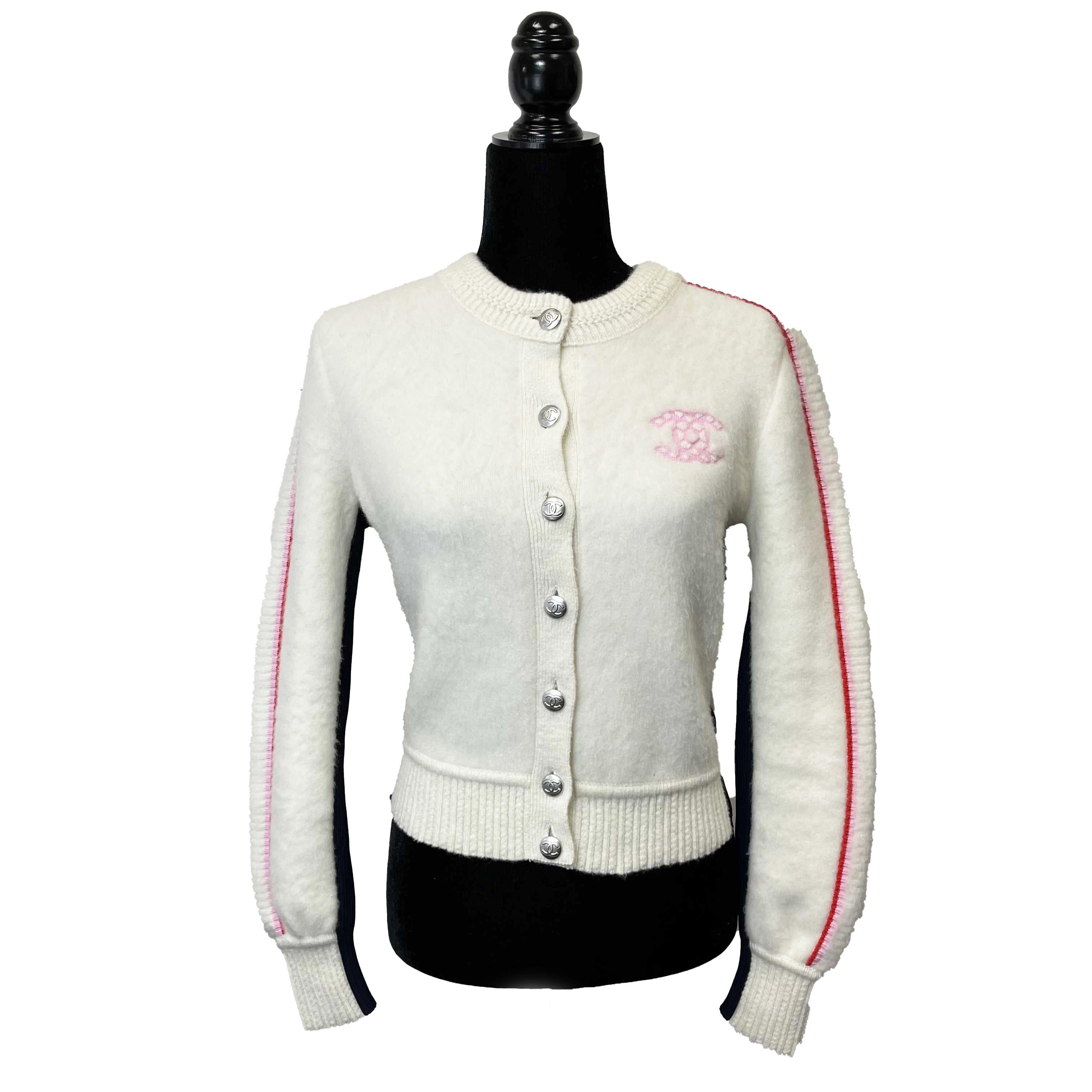 Chanel 21-22FW Varsity Sweater Jacket - Ivory Pink CC / Racer Trim - 34 US 2 3