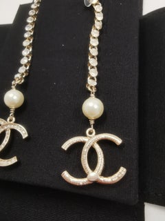 Chanel 21 CC Long Rhinestone Pearl Logo Earrings