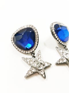 Chanel 21 Runway CC Gunmetal Blue Crystal with Rhinestones Drop Star EARRINGS