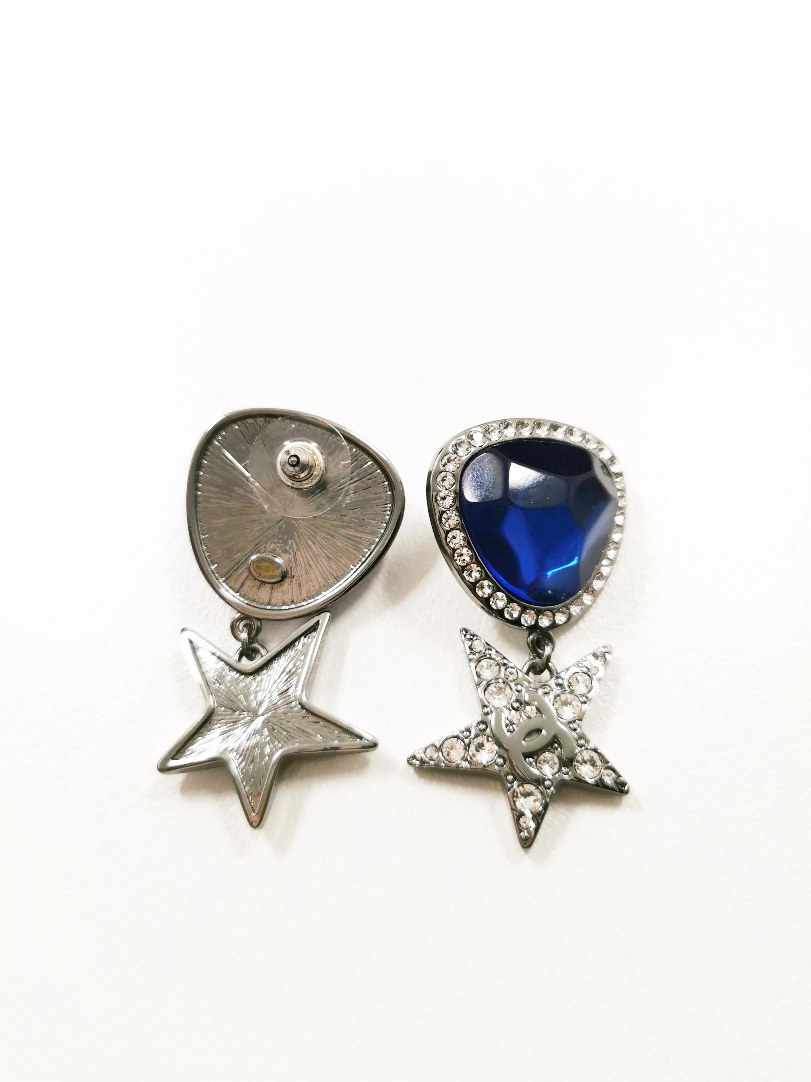Women's Chanel 21 Runway CC Gunmetal Blue Crystal with Rhinestones Drop Star EARRINGS