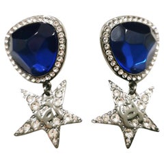 Chanel 21 Runway CC Gunmetal Blue Crystal with Rhinestones Drop Star EARRINGS