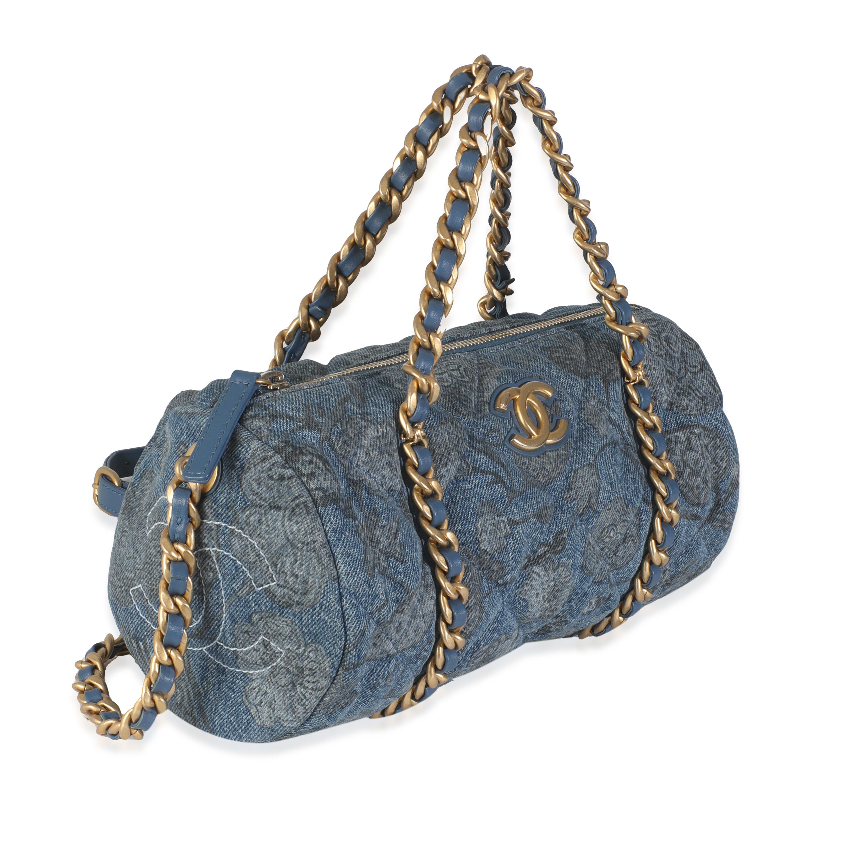 Gray Chanel 21A Blue Floral Quilted Denim Destination Chenonceau Bowling Bag For Sale