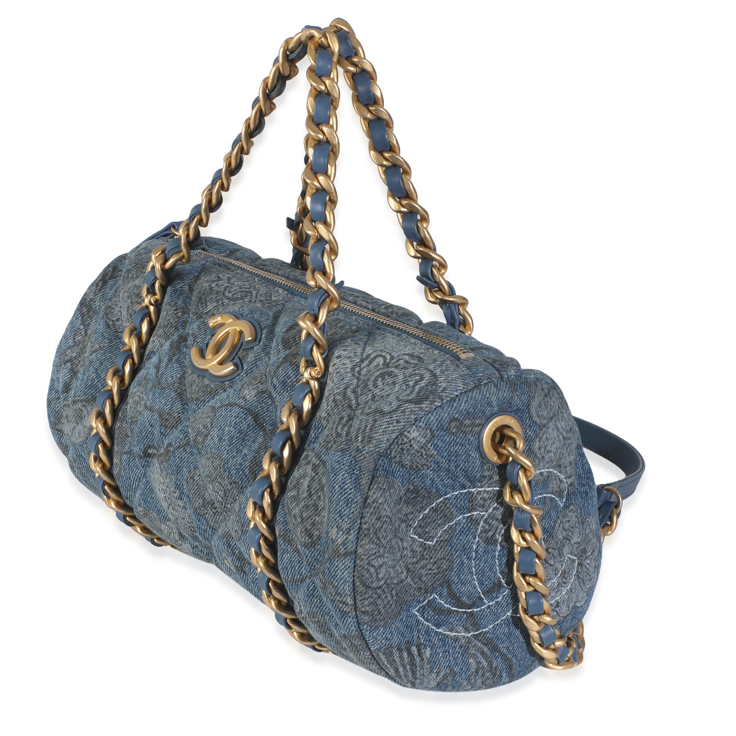 Chanel 21A Blue Floral Quilted Denim Destination Chenonceau Bowling Bag In Excellent Condition For Sale In New York, NY