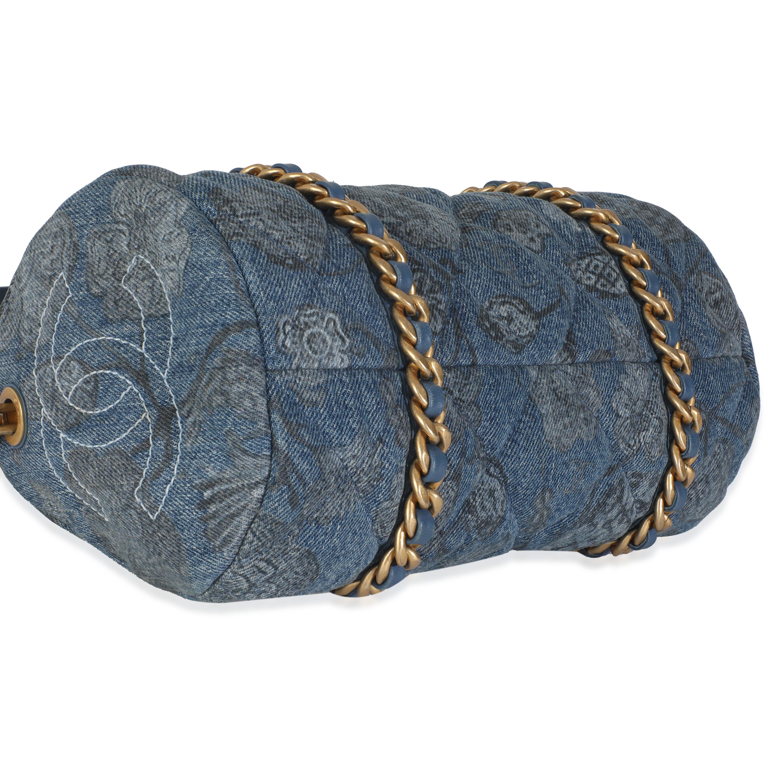 Women's or Men's Chanel 21A Blue Floral Quilted Denim Destination Chenonceau Bowling Bag For Sale