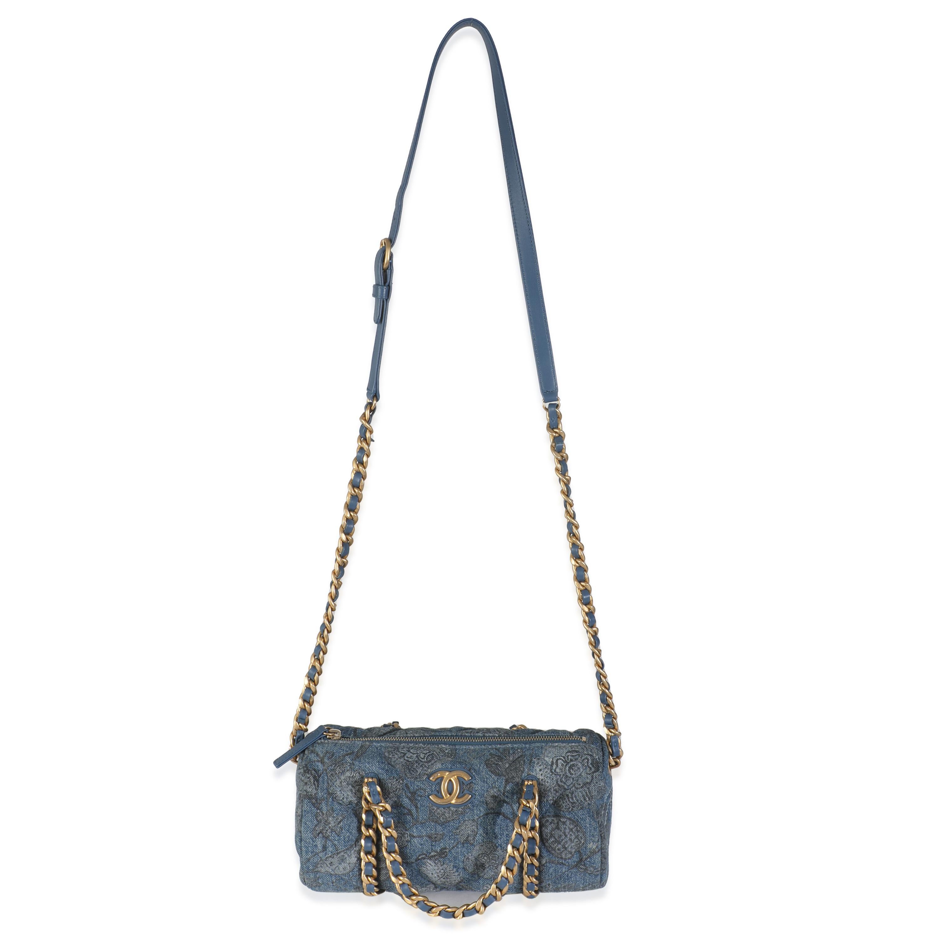 Chanel 21A Blue Floral Quilted Denim Destination Chenonceau Bowling Bag For Sale 2